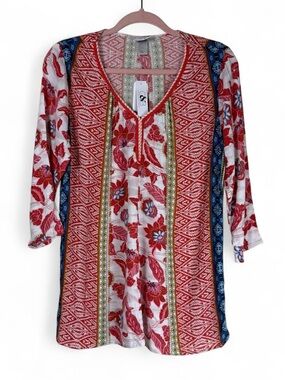 Christopher & Banks Petite Boho Floral Tunic Top Red Blue Size PL NWT